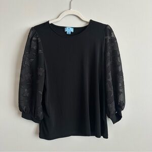 CeCe Black Blouse with Floral Sheer Sleeves, Romantic